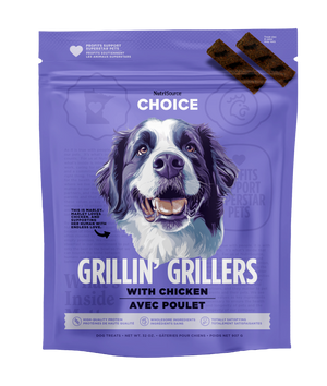 A package of NutriSource Choice Chicken Grillin' Grillers with a picture of a dog on the front.