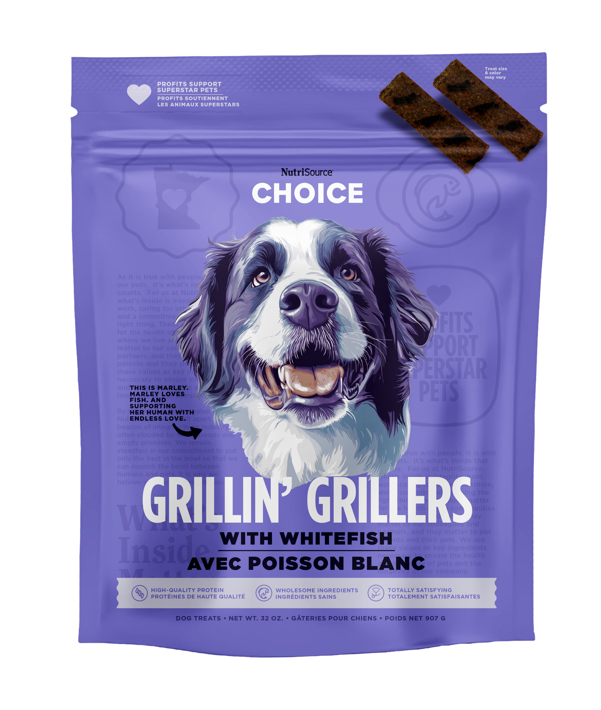 A package of NutriSource Choice Whitefish Grillin' Grillers dog treats with an image of a black and white dog on the front.