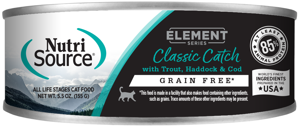 A can of NutriSource Element Series Grain Free Classic Catch cat food with trout, haddock, and cod.