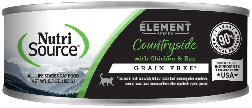 A can of NutriSource Element Series Countryside Recipe Wet Cat Food with chicken and egg. The can is labeled as grain-free and includes various ingredients such as chicken, egg, and prebiotics and probiotics.