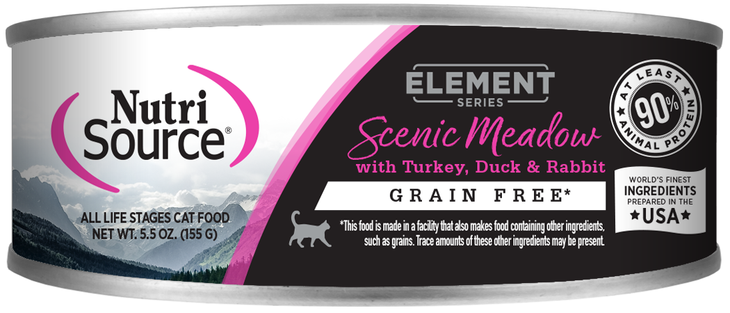 A can of NutriSource Element Series Scenic Meadow Recipe Grain Free Cat Food with turkey, duck, and rabbit.
