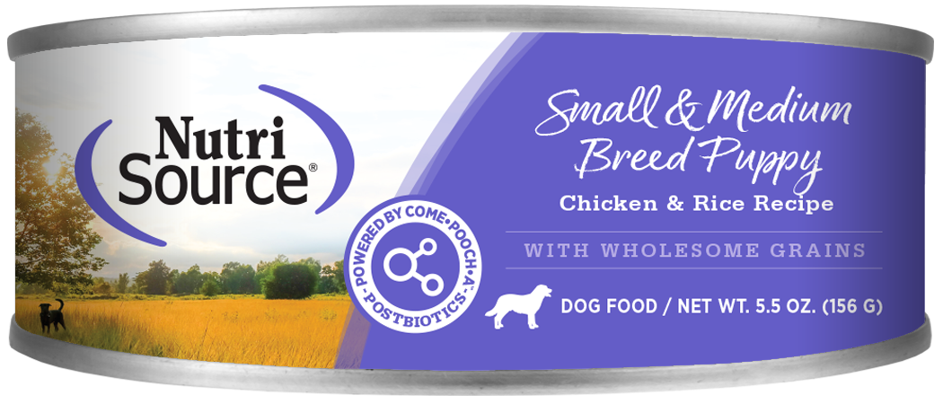 A can of NutriSource Small & Medium Breed Chicken & Rice Puppy Pate-Style formula dog food.