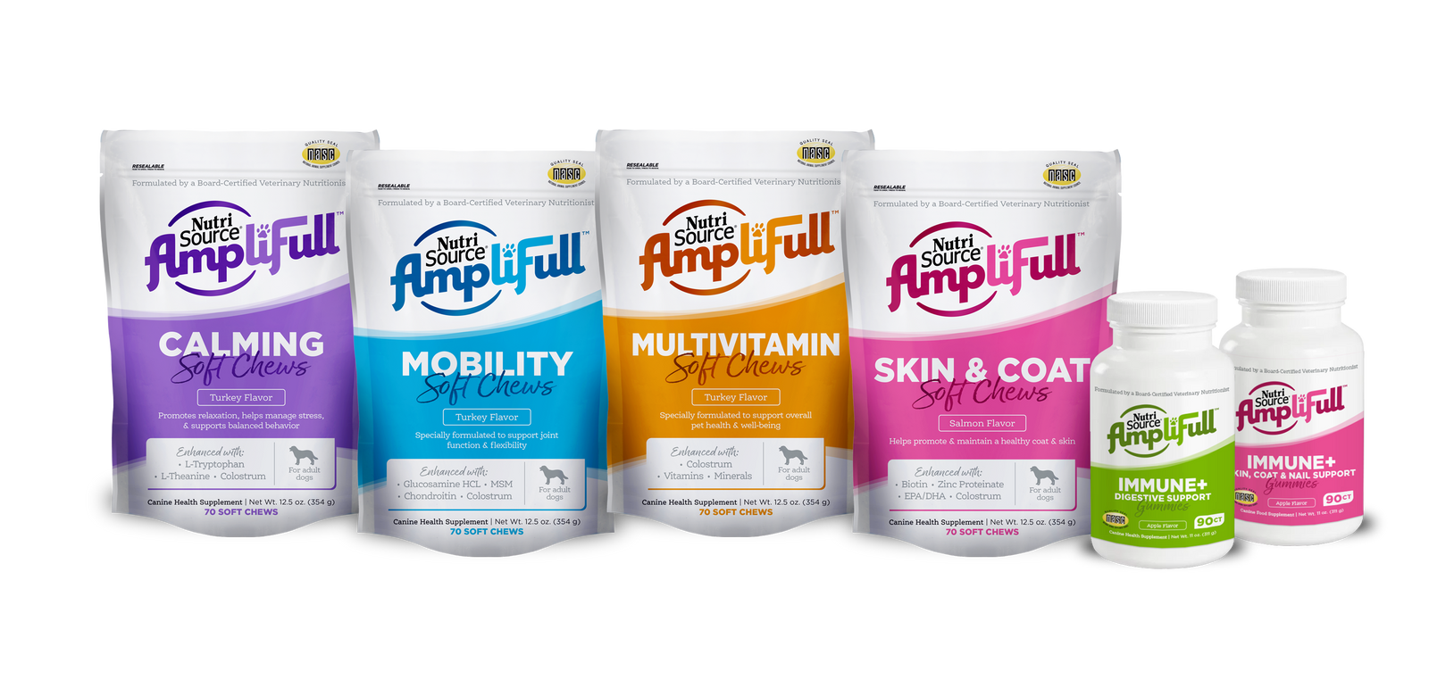 AmpliFull product line: Calming Soft Chews, Mobility Soft Chews, Multivitamin Soft Chews, Skin & Coat Soft Chews, Digestive Support Gummies, Skin, Coat & Nail Support Gummies