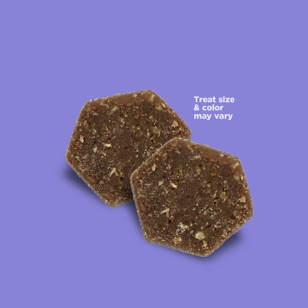 A photo of two treats beside text that reads "Treat size & color may vary"