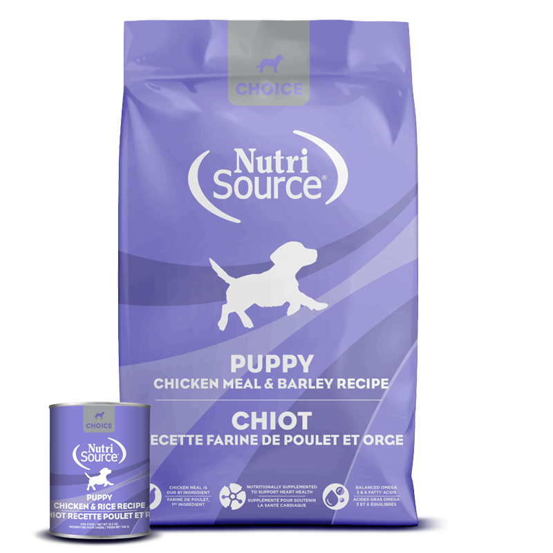 Purple bag of NutriSource® Choice Puppy Chicken Meal & Barley Recipe with smaller can beside it