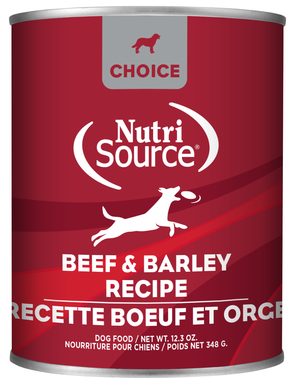 A can of NutriSource Choice Beef & Barley Recipe Dog Food, with a red and white label, indicating it is a pate-style dog food.