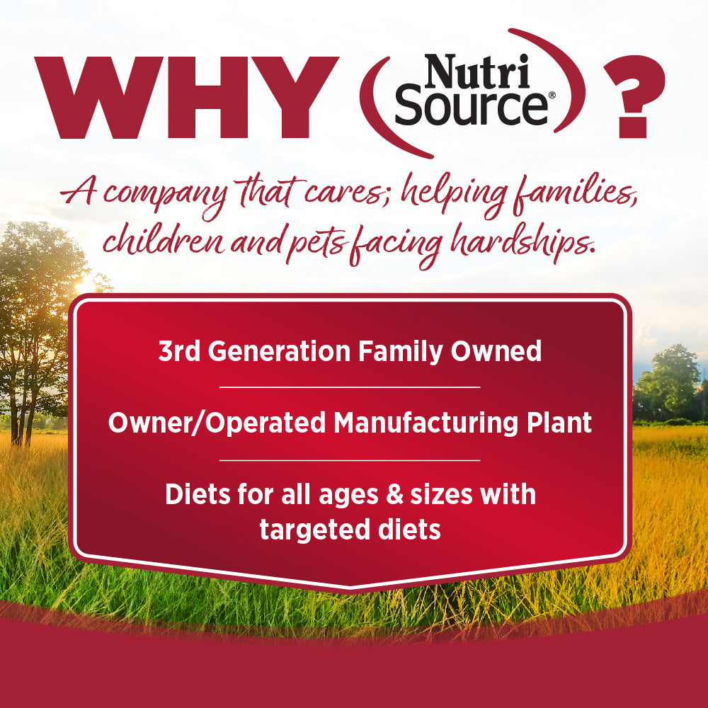 WHY Nutri Source
A company that cares; helping families,
children and pets facing hardships.

3rd Generation Family Owned
Owner/Operated Manufacturing Plant
Diets for all ages & sizes with targeted diets
 