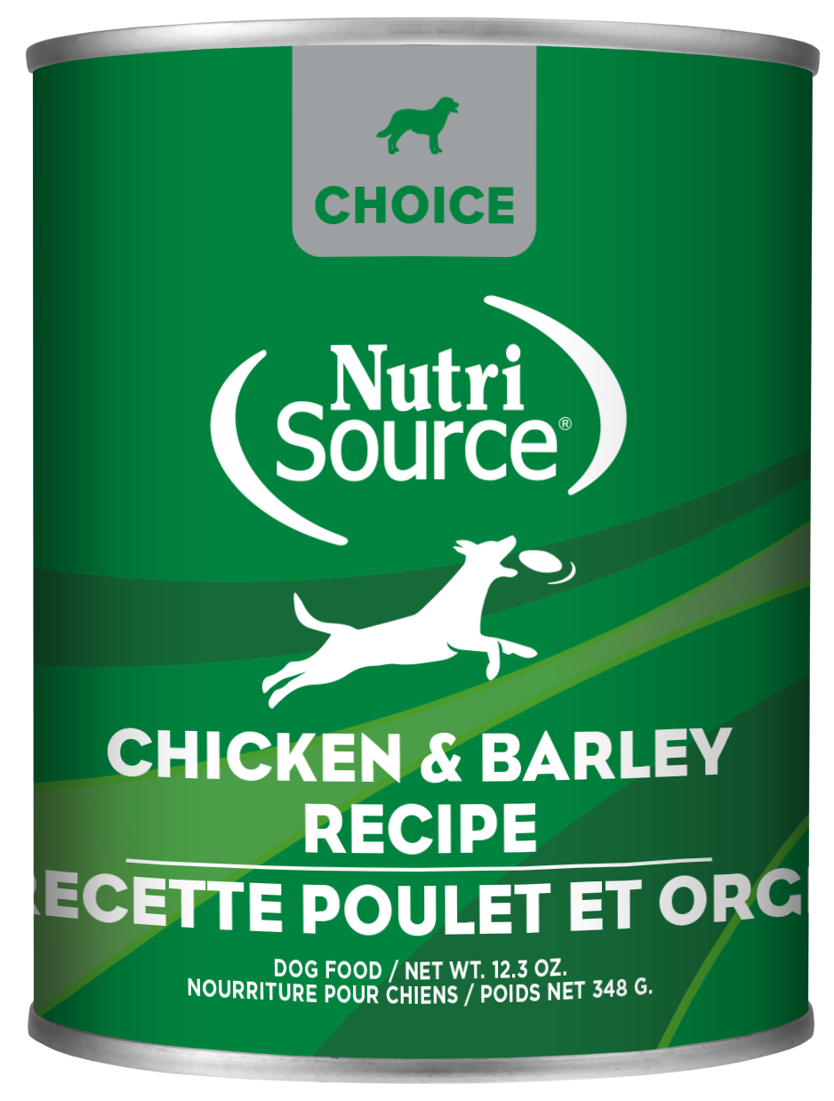 A can of NutriSource Choice Chicken and Barley dog food. The can is green with the brand logo and product name displayed.