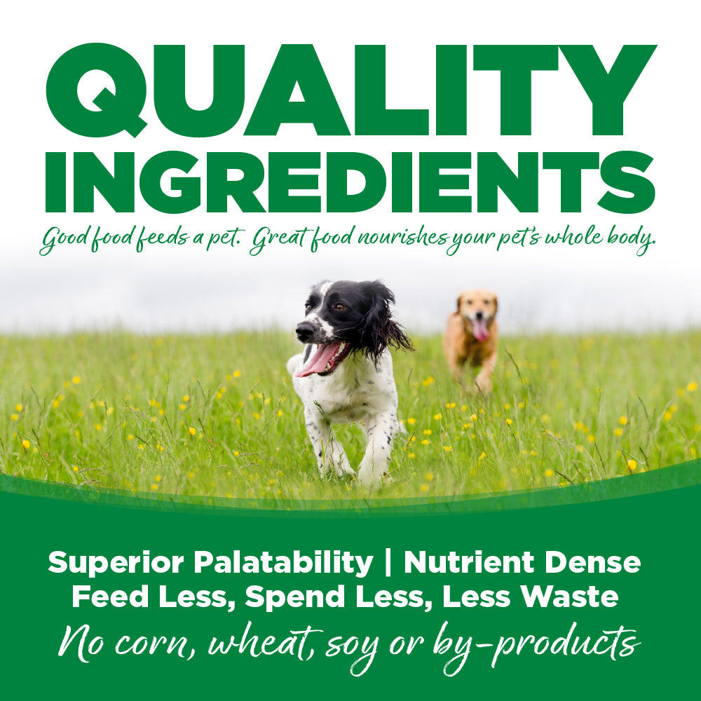 QUALITY INGREDIENTS
good food feeds a pet. great food nourishes your pet's whole body.
Superior Palatability | Nutrient Dense
Feed Less, Spend Less, Less Waste
no corn, wheat, soy or by-products