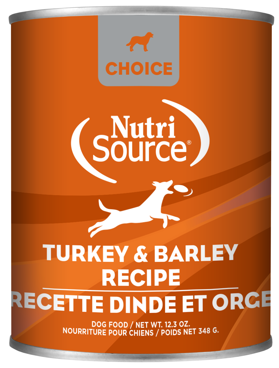 A can of NutriSource Choice Turkey & Barley Recipe dog food with branding and product information displayed on the label.