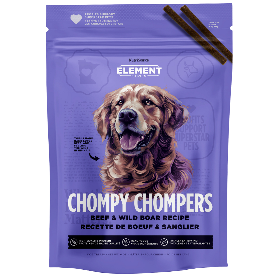 A package of NutriSource Element Series Beef & Wild Boar Chompy Chompers dog treats with an image of a dog on the front.