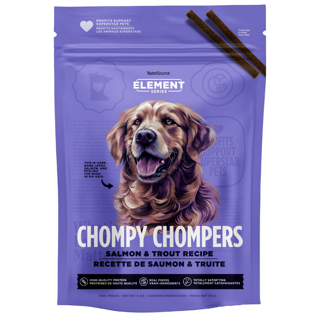 A package of NutriSource Element Series Salmon & Trout Chompy Chompers dog treats with an illustration of a dog on the front.