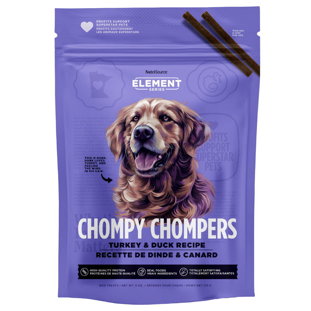 A package of NutriSource Element Series Turkey & Duck Chompy Chompers dog treats with an illustration of a happy dog on the front.