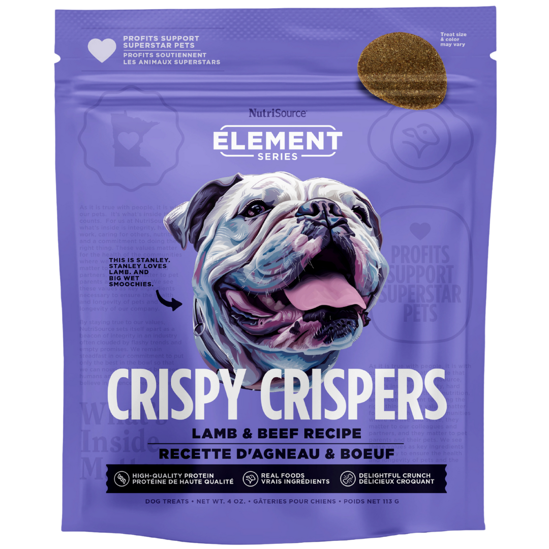 A package of NutriSource Element Series Lamb & Beef Crispy Crispers with an image of a dog in the center.