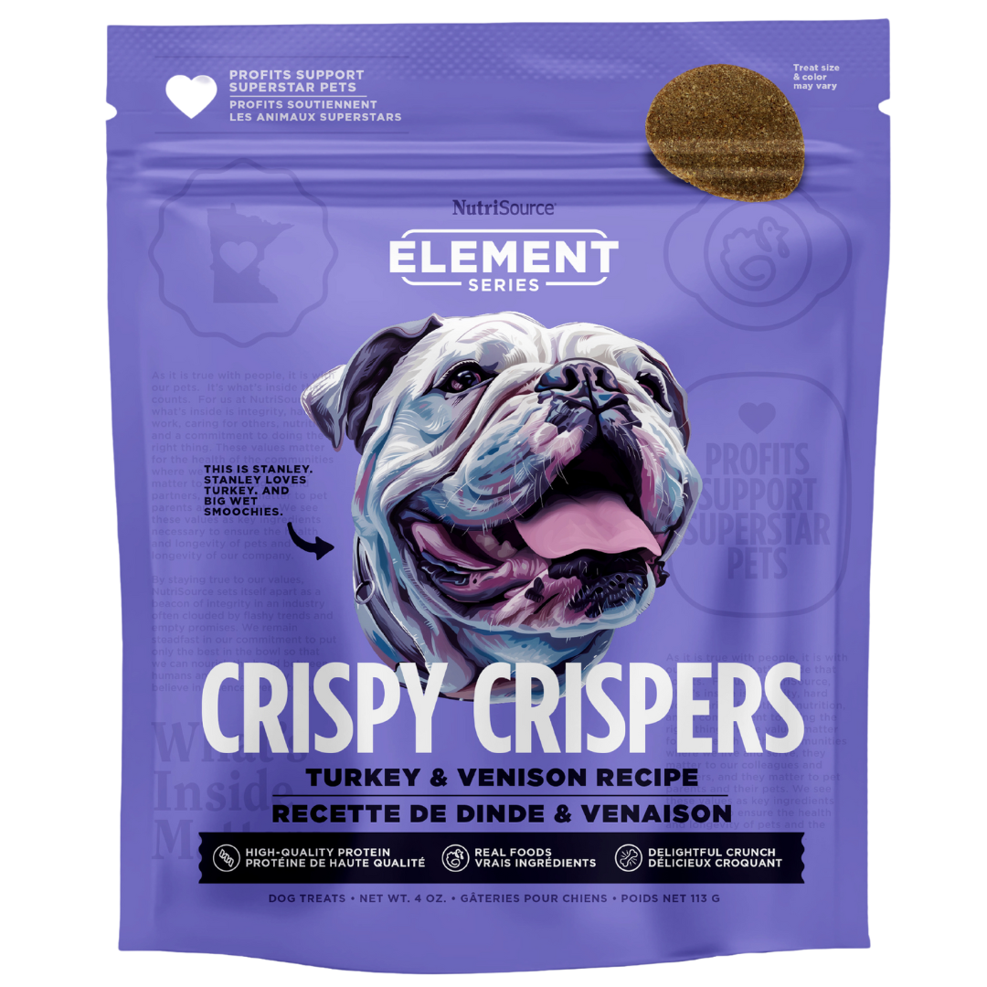A package of NutriSource Element Series Turkey & Venison Crispy Crispers with an image of a dog in the center.