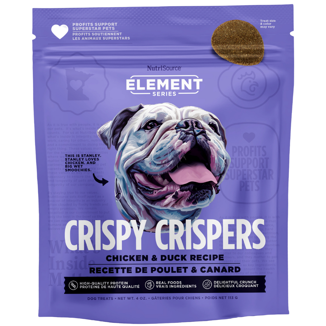 A package of NutriSource Element Series Chicken & Duck Crispy Crispers with an image of a dog in the center.