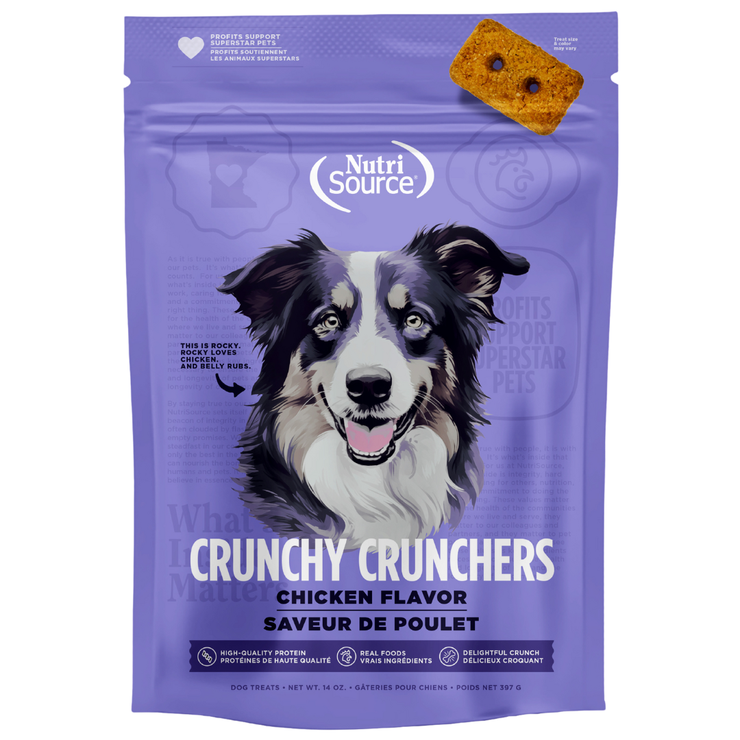 A package of NutriSource Chicken Crunchy Crunchers dog treats with a picture of a dog on the front.