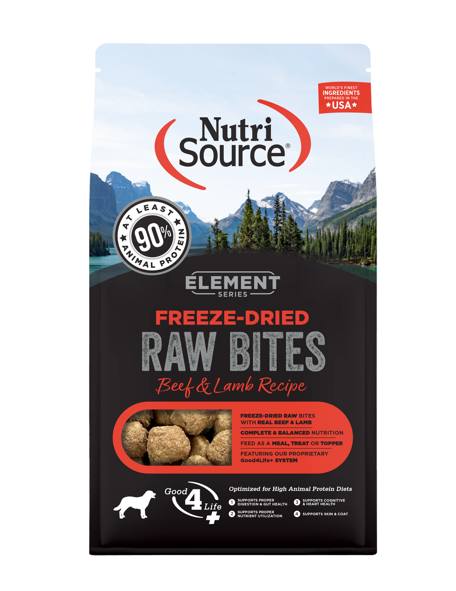 A package of NutriSource Element Series Freeze-Dried Raw Bites Beef & Lamb Recipe dog food. The packaging is predominantly black and red with images of mountains and a dog, and text detailing the product as freeze-dried beef and lamb flavored dog food.