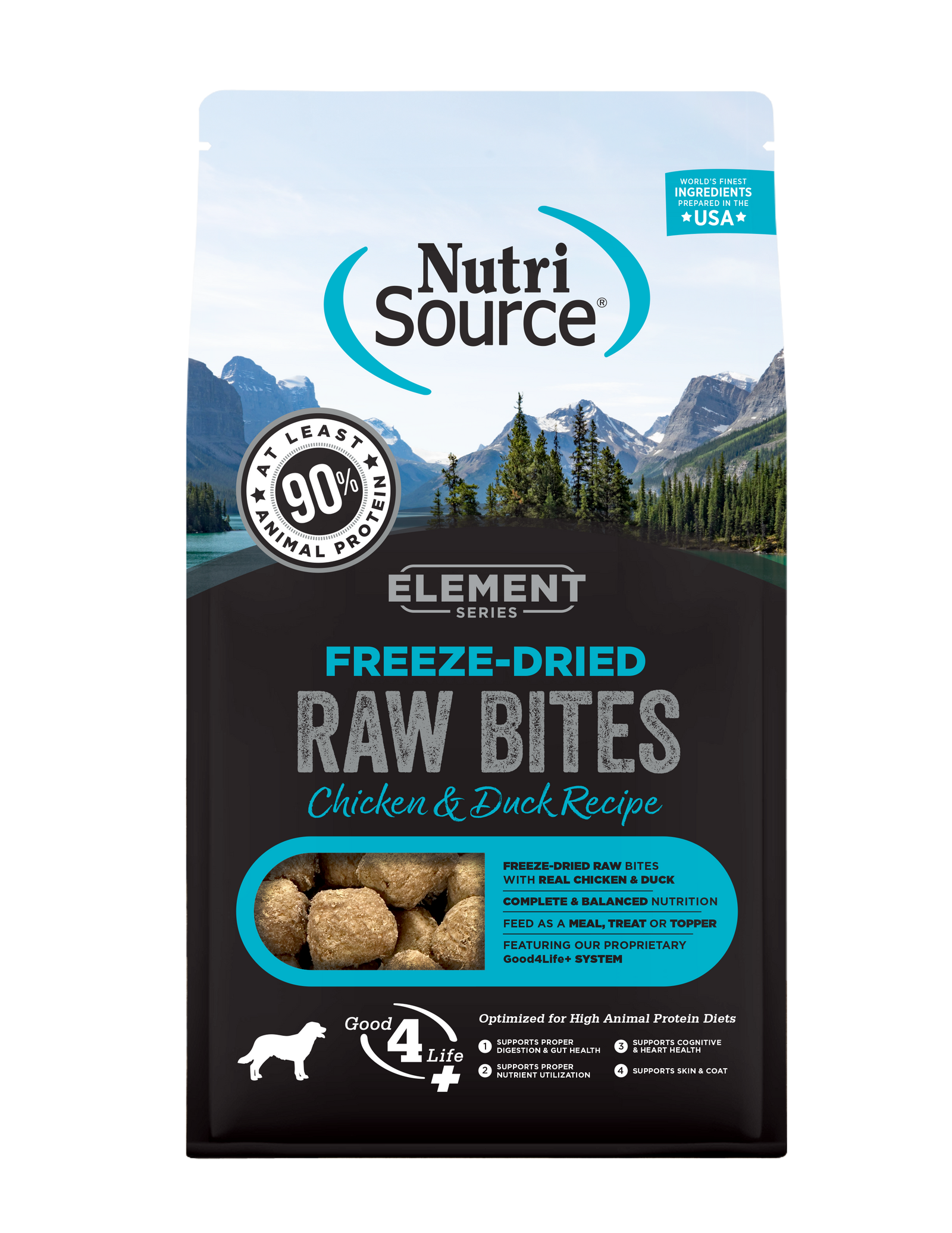 A package of NutriSource Element Series Freeze-Dried Raw Bites Chicken & Duck Recipe dog food. The packaging is predominantly black and blue with images of the product and a dog.