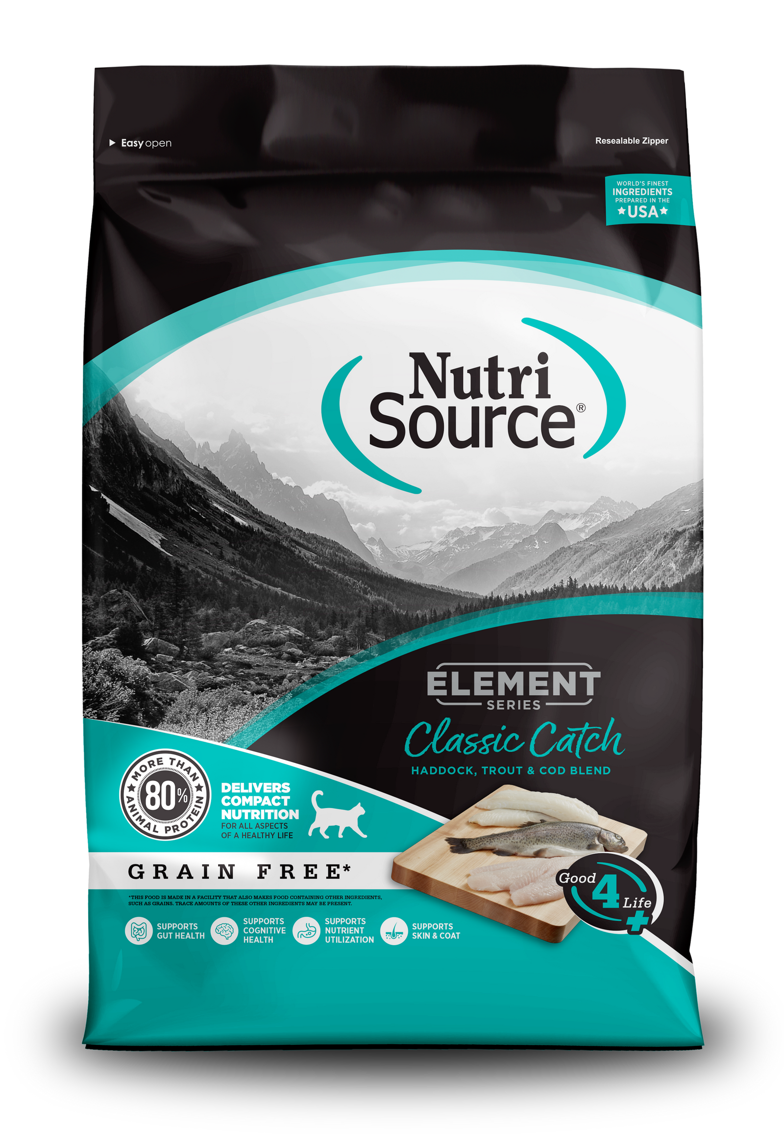 A bag of NutriSource Element Series Grain Free Classic Catch Cat Food.