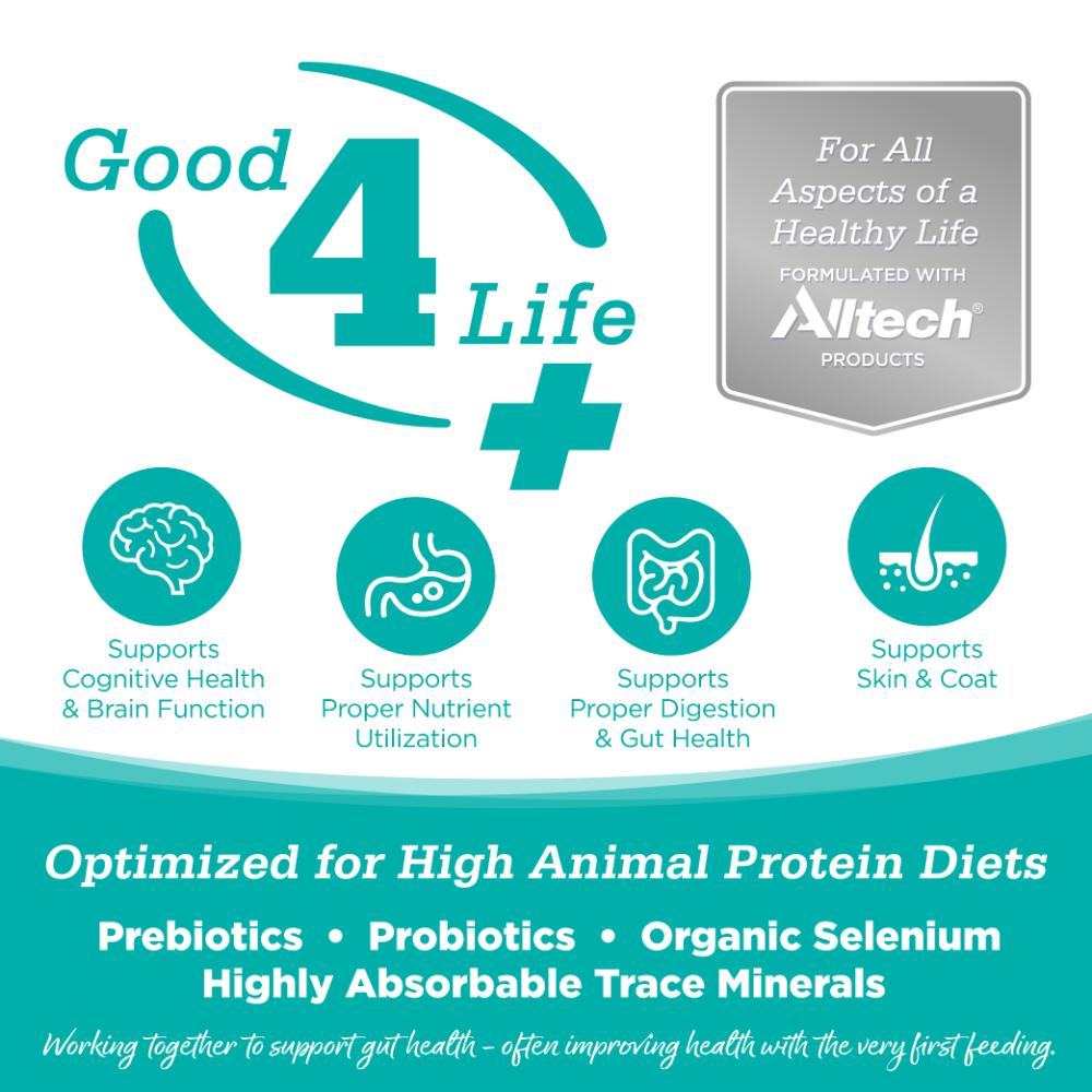 Good 4 Life Plus: Our proprietary Good 4 Life Plus system is optimized for high animal protein diets with key ingredients scientifically proven to support proper digestion & gut health, bioavailability of the entire formula, cognitive & heart health and overall well-being of your pet.