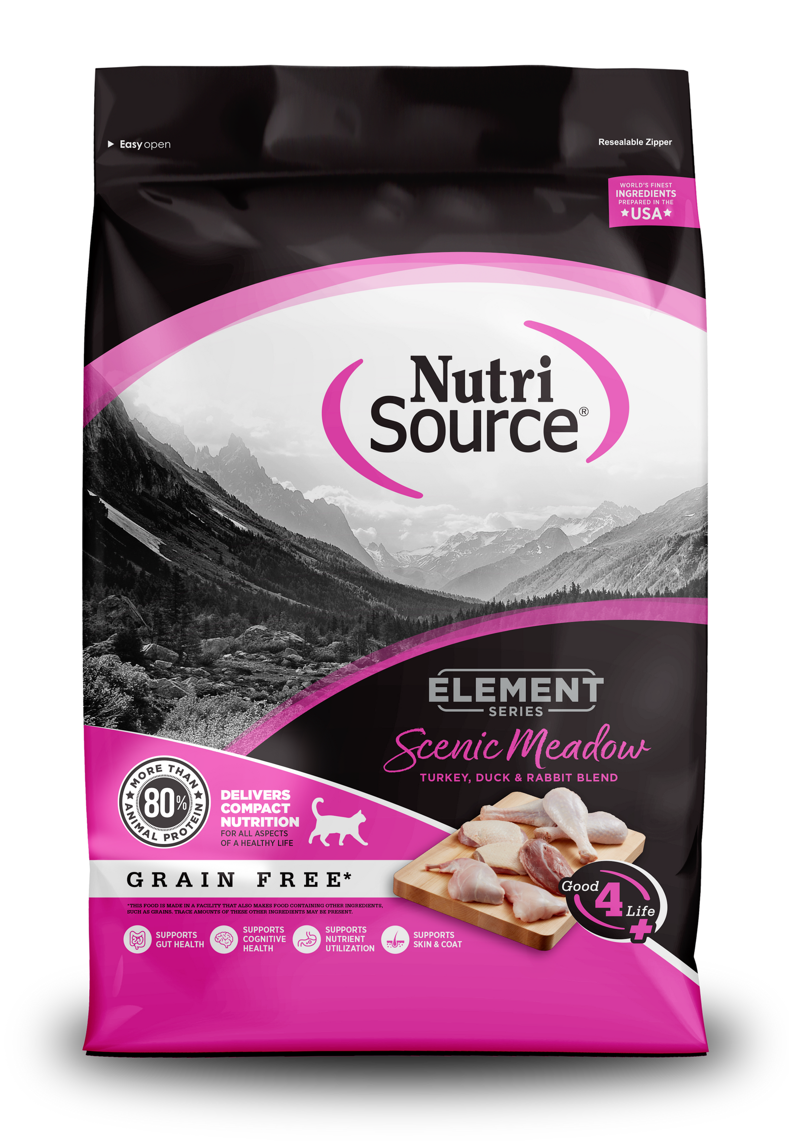 A bag of NutriSource Element Series Grain Free Scenic Meadow Cat Food. The packaging is primarily black and pink with an image of a meadow and mountains in the background.