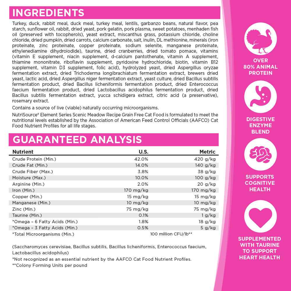 Nutritional label with ingredients and guaranteed analysis.
