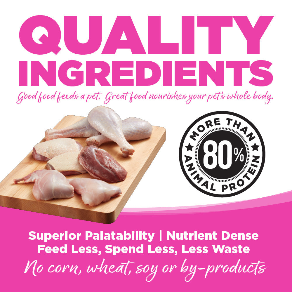 Raw meat pieces on a cutting board with text about quality ingredients and 80% animal protein content.