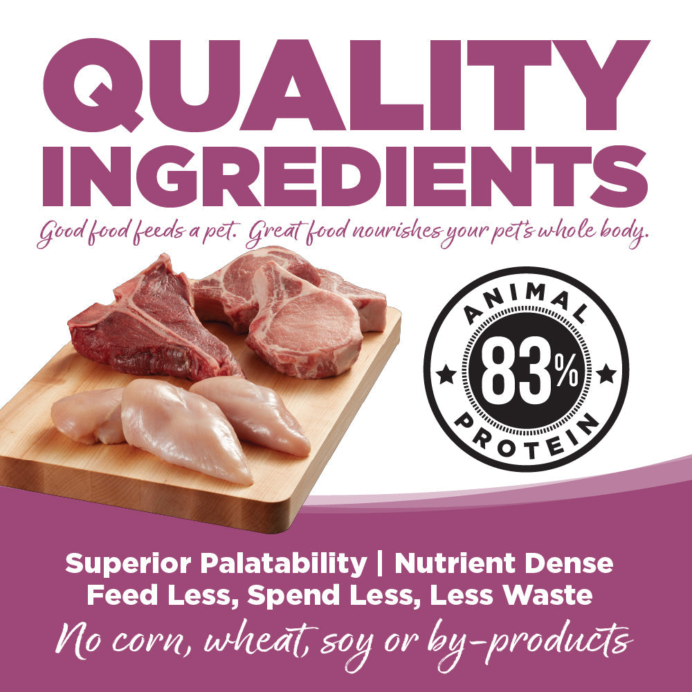 Raw meat on a cutting board with 'Quality Ingredients' text and '83% Animal Protein' label.