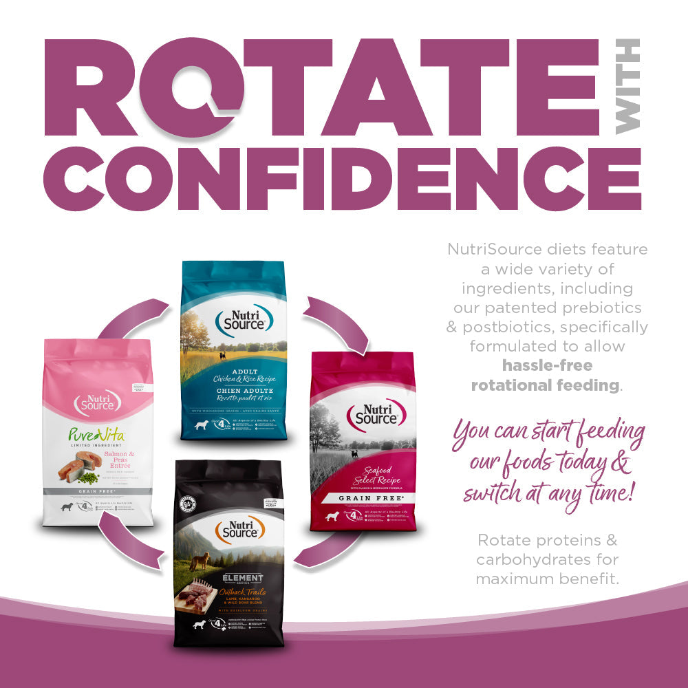 Promotional graphic for NutriSource pet food with product packaging and text about rotating diets.