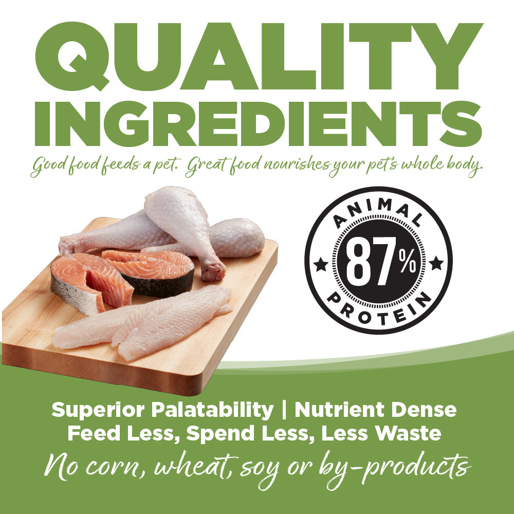 Advertisement for pet food with raw meat on a cutting board and ' 87% Animal Protein' label.