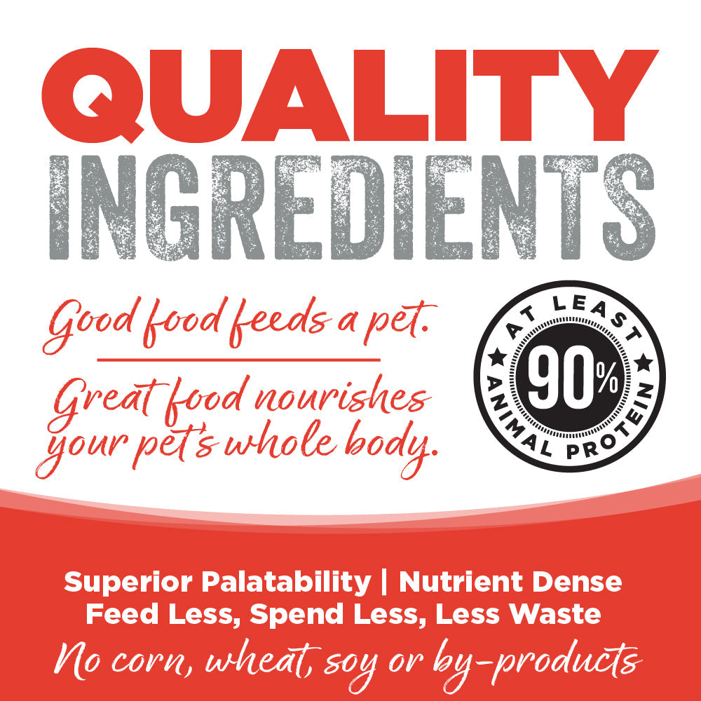 Product label emphasizing quality ingredients with text about pet food and protein content.