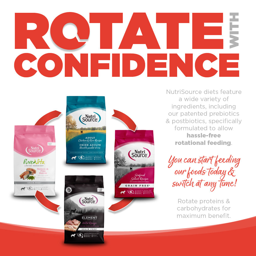 Advertisement for NutriSource dog food packages with text about rotational feeding.