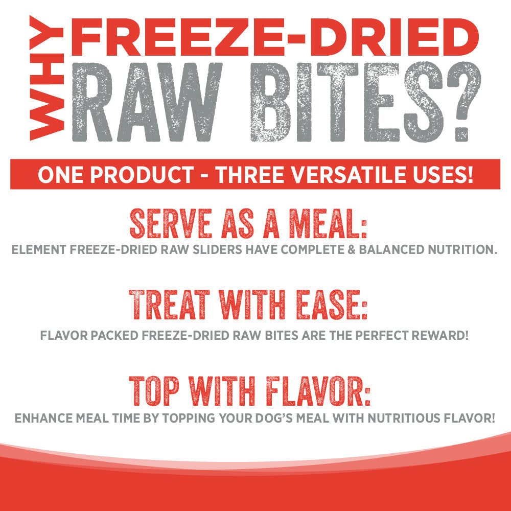 Promotional text about freeze-dried raw bites with red and gray text on a white background.