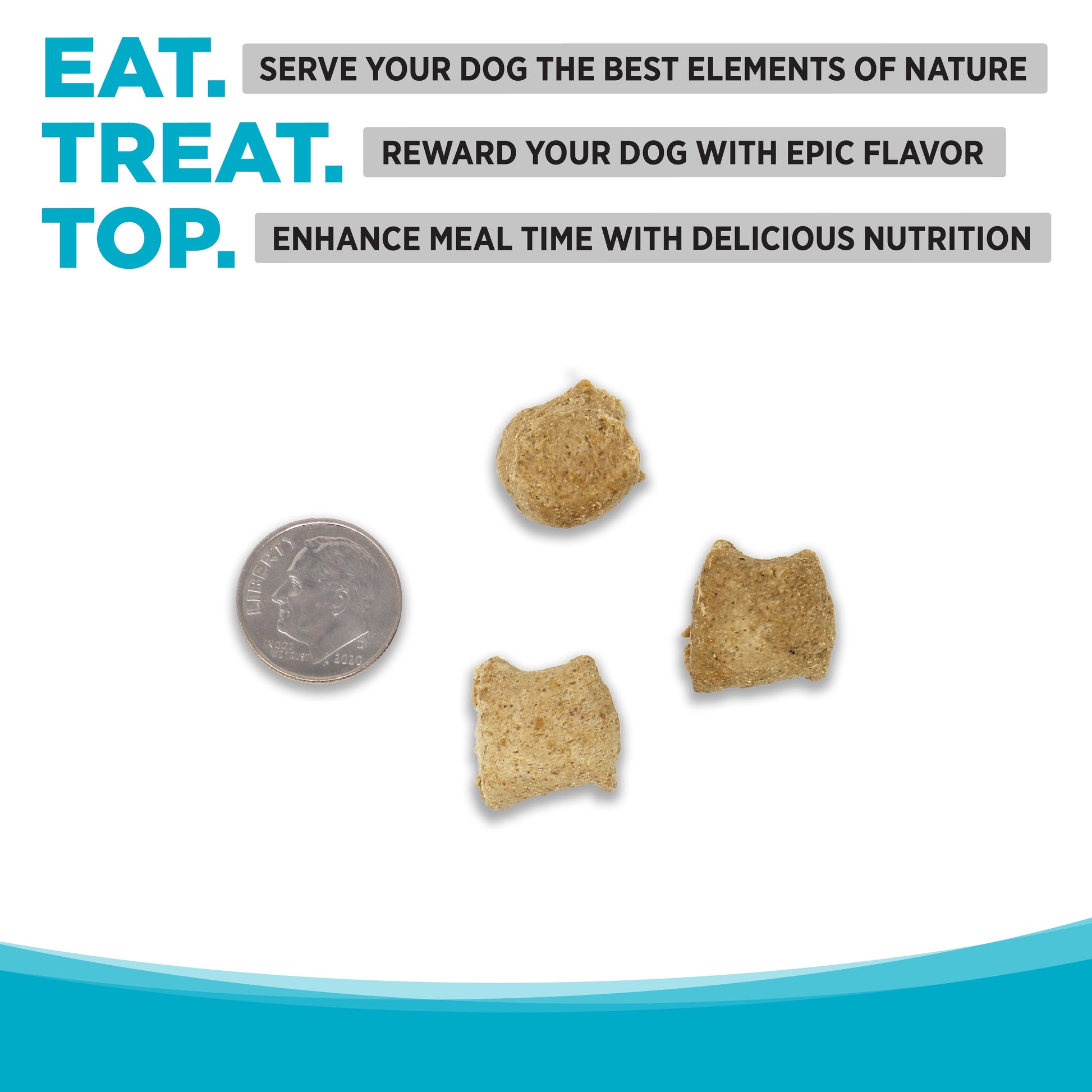 Pieces of Freeze-Dried Chicken & Duck next to a dime for size comparison.