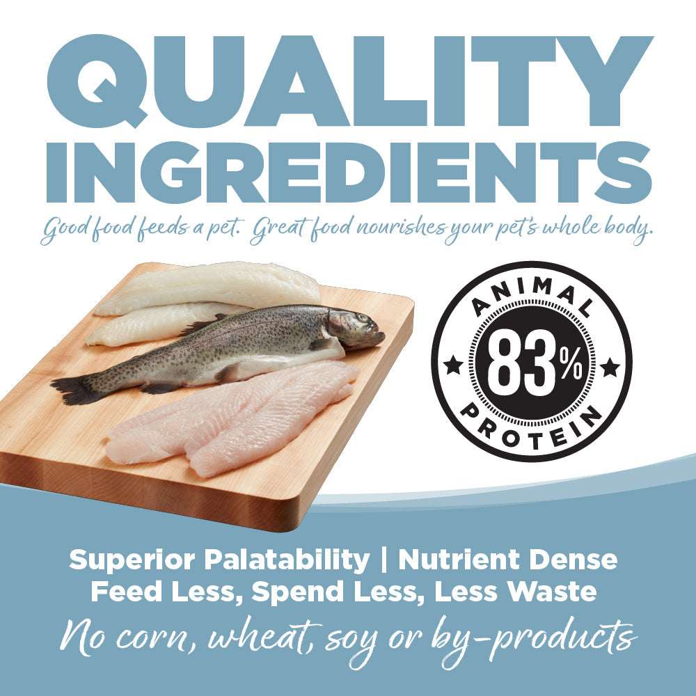 Advertisement for pet food with fish on a cutting board and '83% Animal Protein' label.