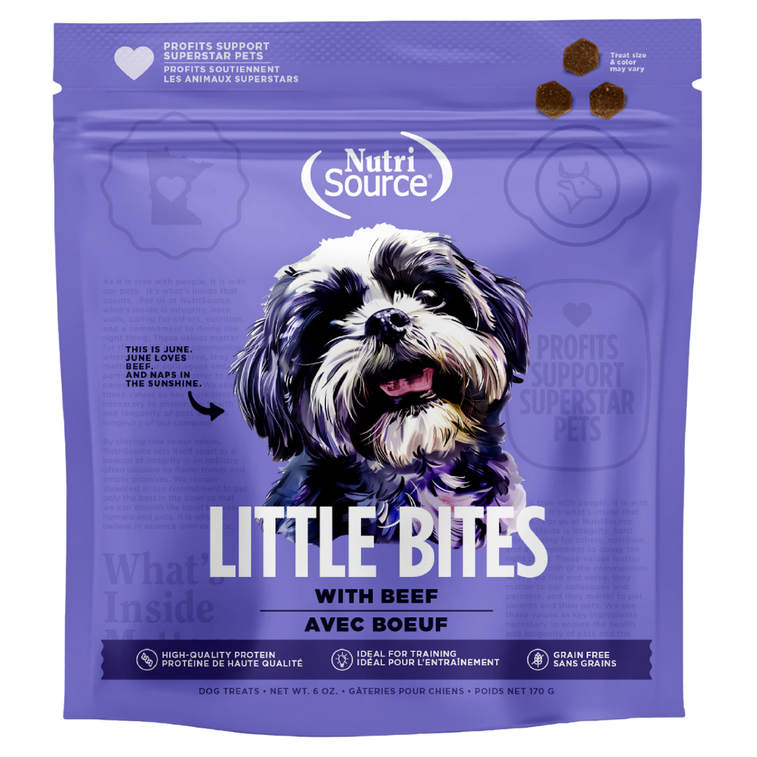 A package of NutriSource Grain Free Beef Little Bites with an image of a dog on the front.