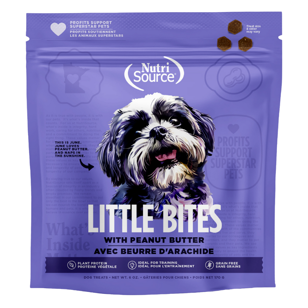 A package of NutriSource Grain Free Peanut Butter Little Bites dog treats with an image of a dog on the front.