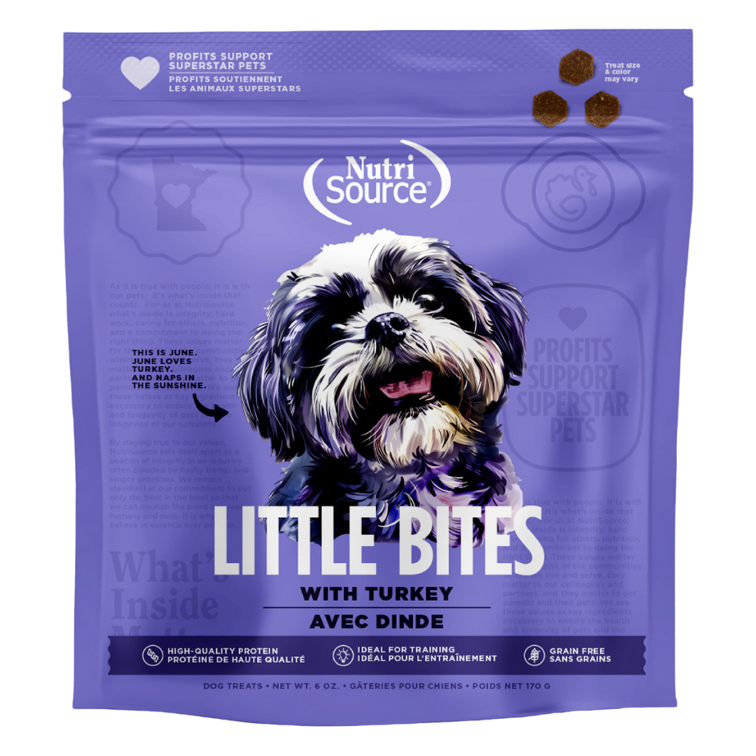 A package of NutriSource Grain Free Turkey Little Bites with an image of a dog on the front.