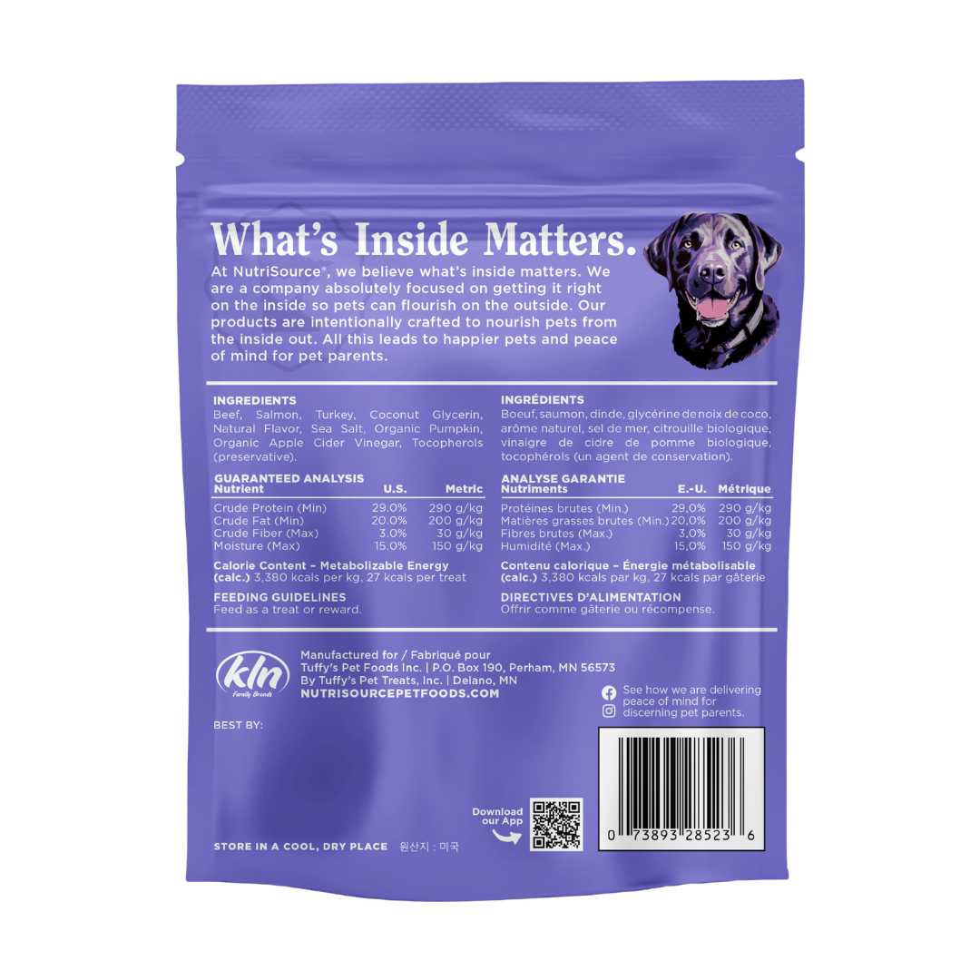 NutriSource Beef, Salmon & Turkey Jivin' Jerky - bag back