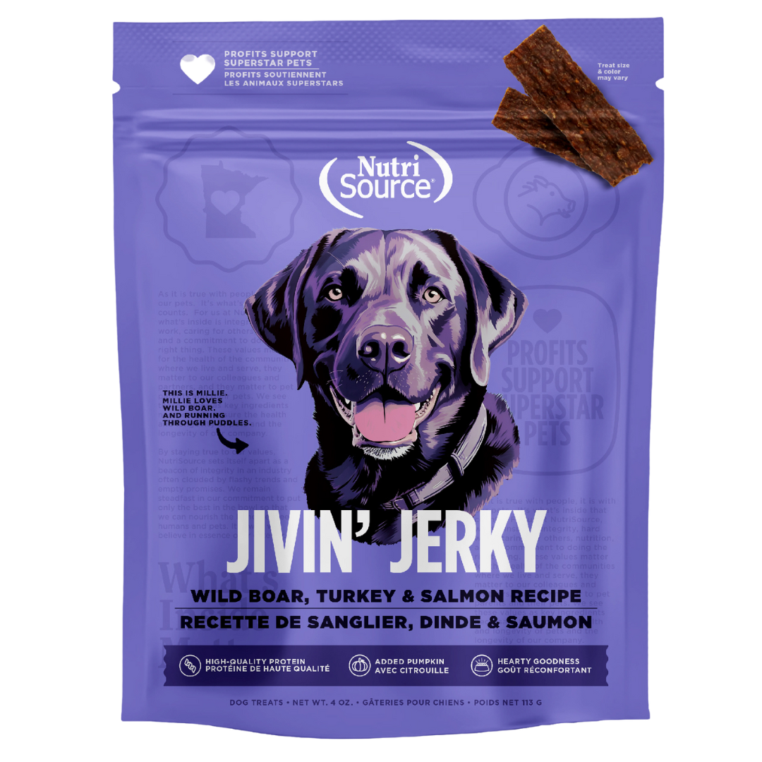 Packaging of NutriSource Wild Boar, Turkey & Salmon Jivin' Jerky dog treats featuring an image of a black dog on the front.