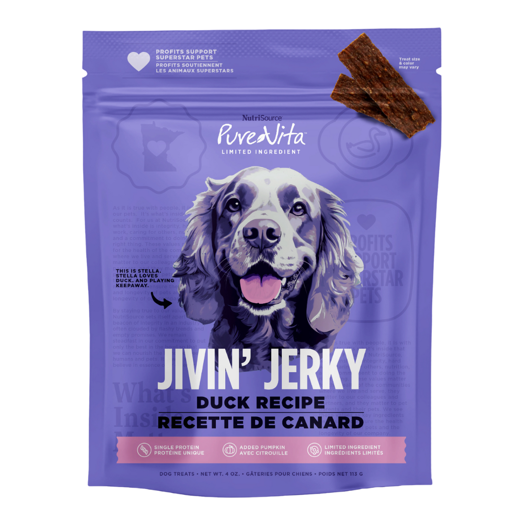 A package of NutriSource PureVita Duck Jivin' Jerky dog treats with an image of a happy dog on the front.