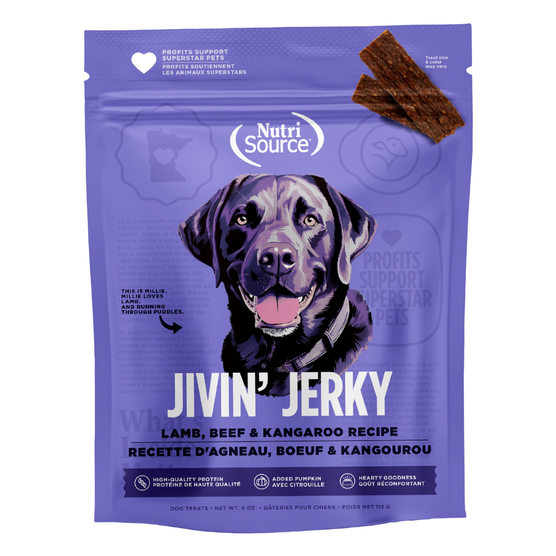 A package of NutriSource Lamb, Beef & Kangaroo Jivin' Jerky dog treats with an image of a happy dog on the front.