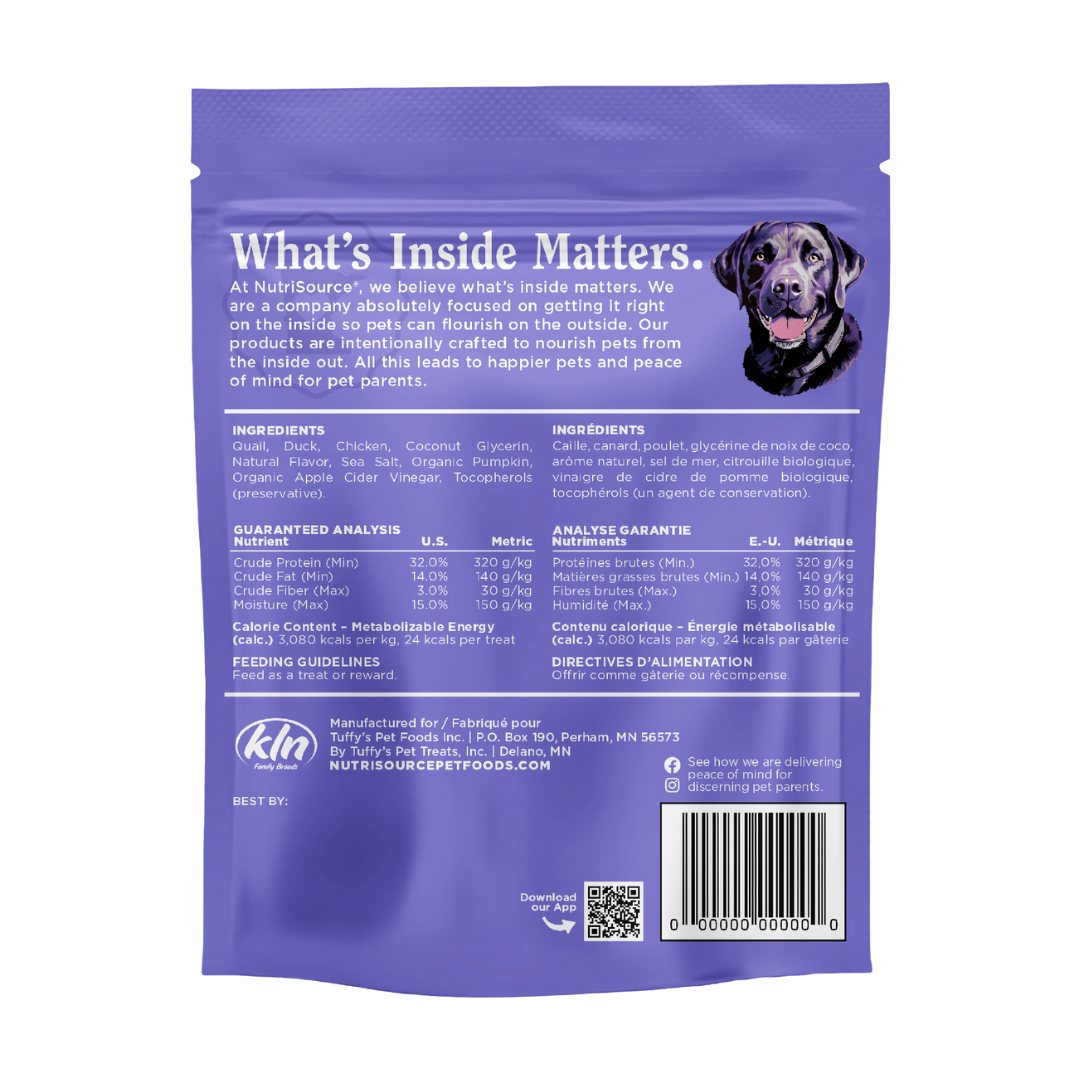 NutriSource Quail, Duck & Chicken Jivin' Jerky - bag back