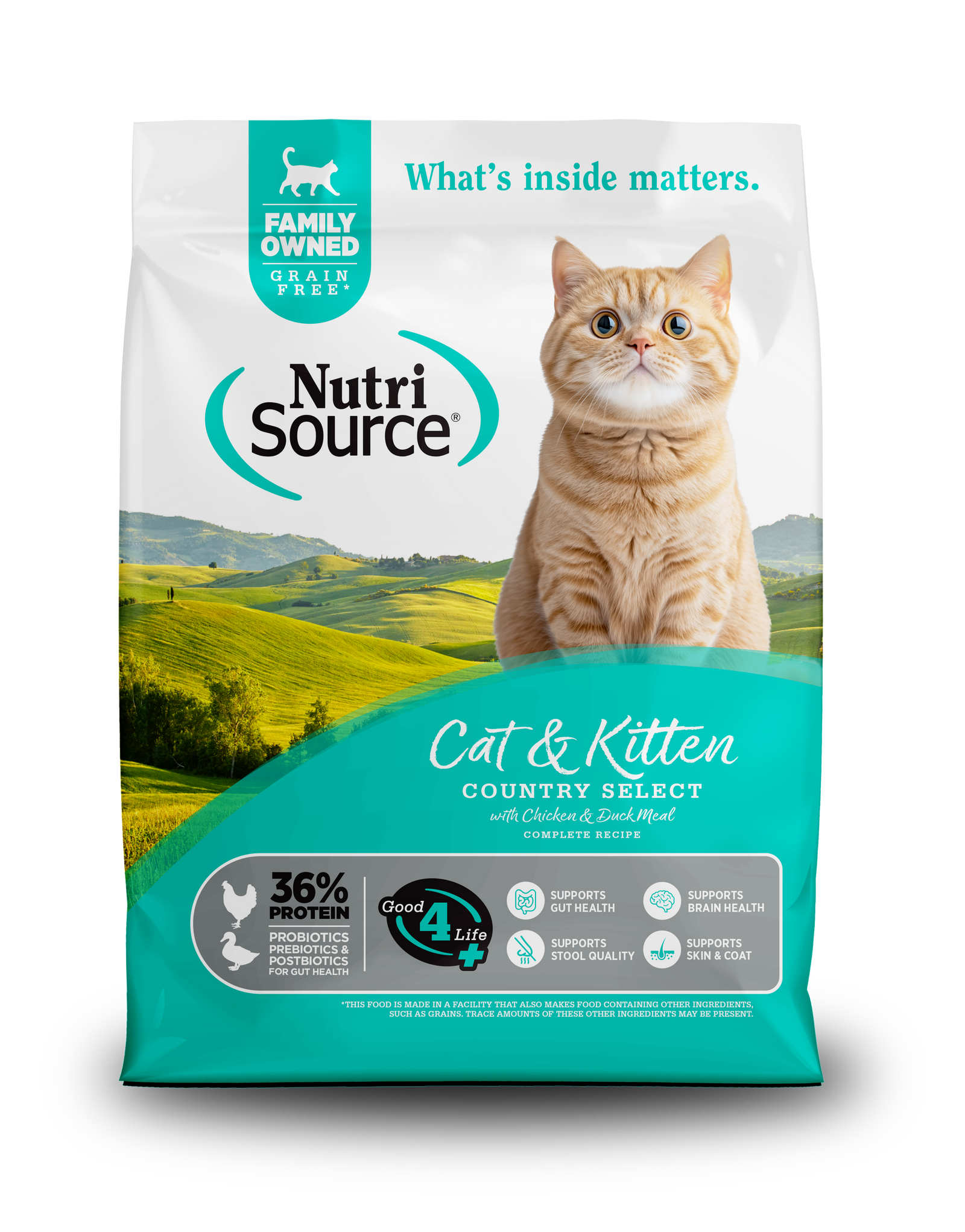 NutriSource Cat & Kitten Country Select bag front with a cat on a white background.