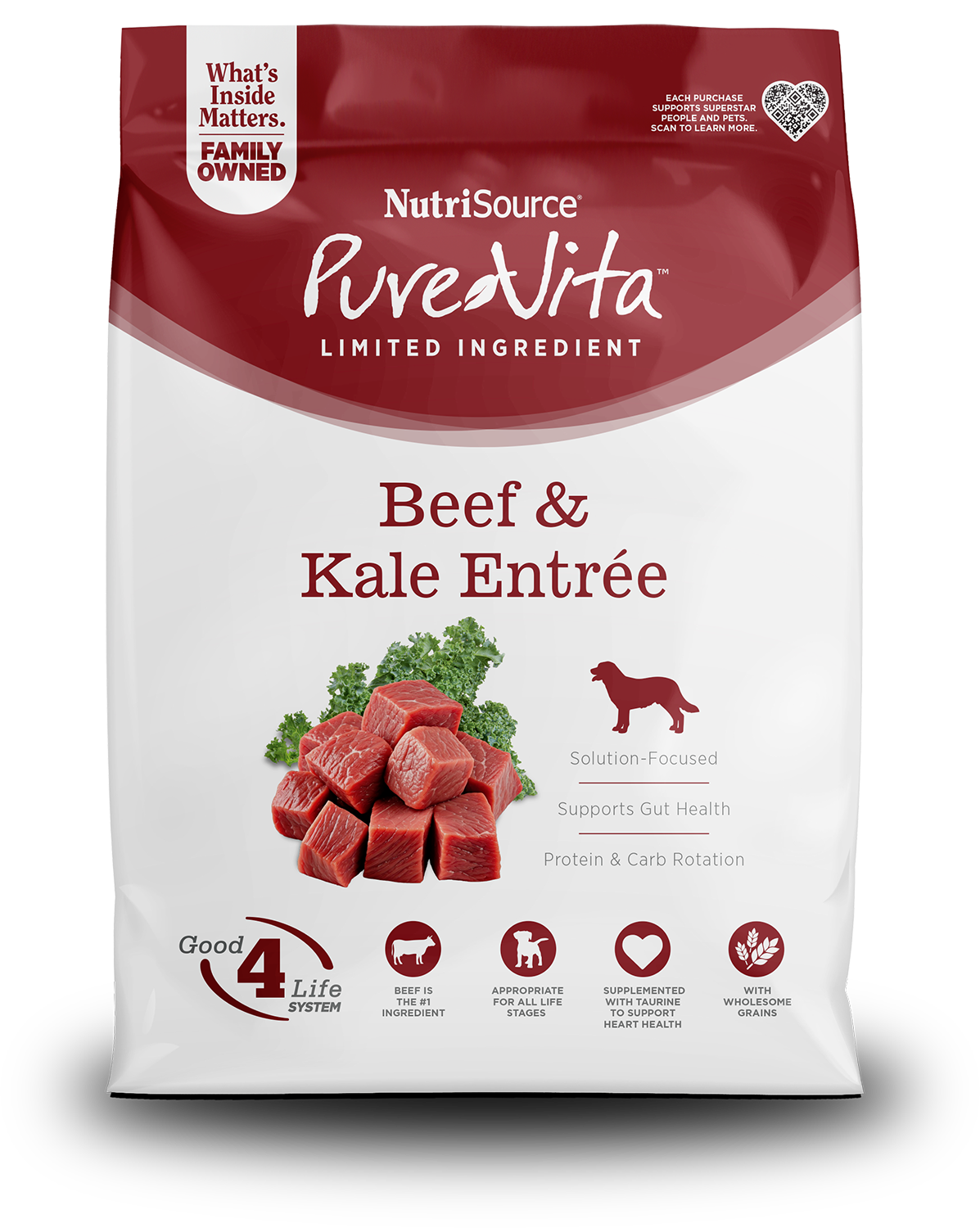NutriSource PureVita dog food package with beef and kale entrée on a white background