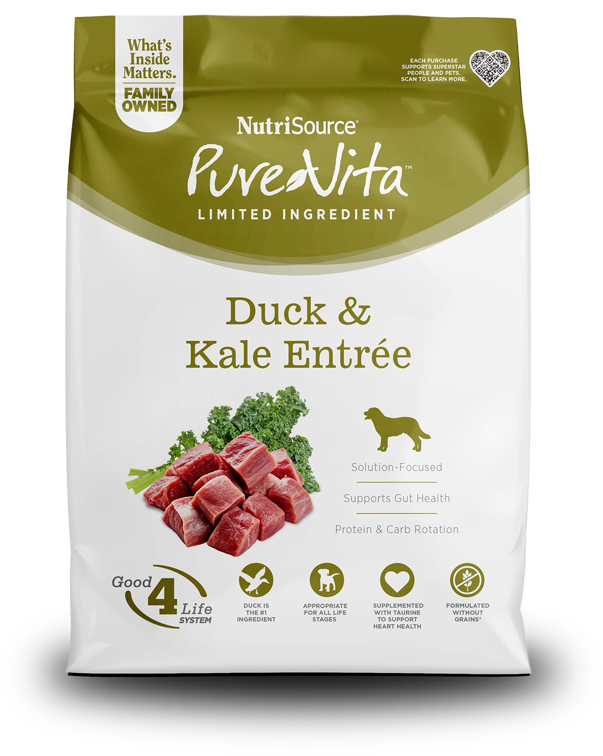 NutriSource PureVita dog food package with duck and kale entrée on a white background