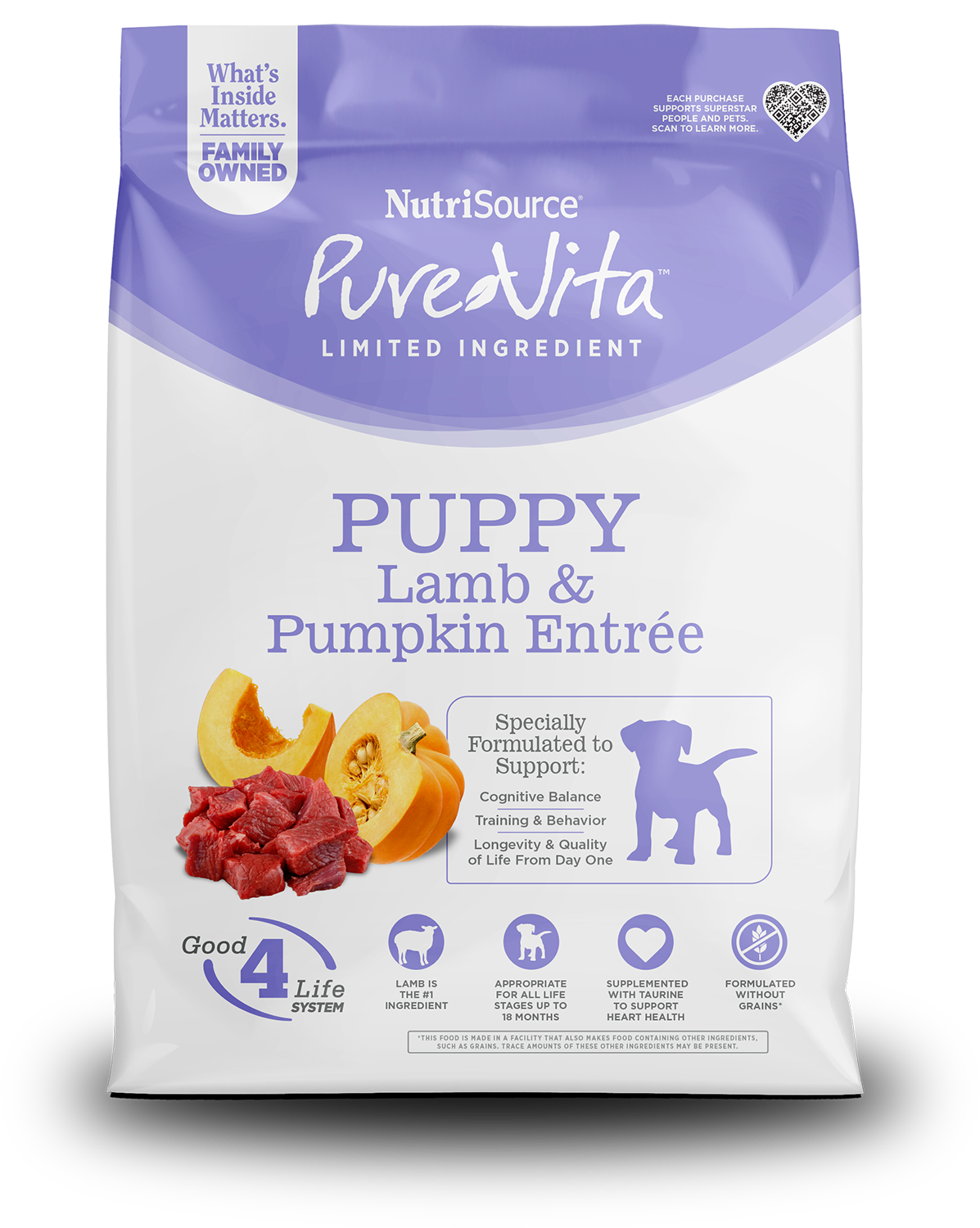 NutriSource PureVita Puppy Lamb & Pumpkin Entrée dog food package on a white background