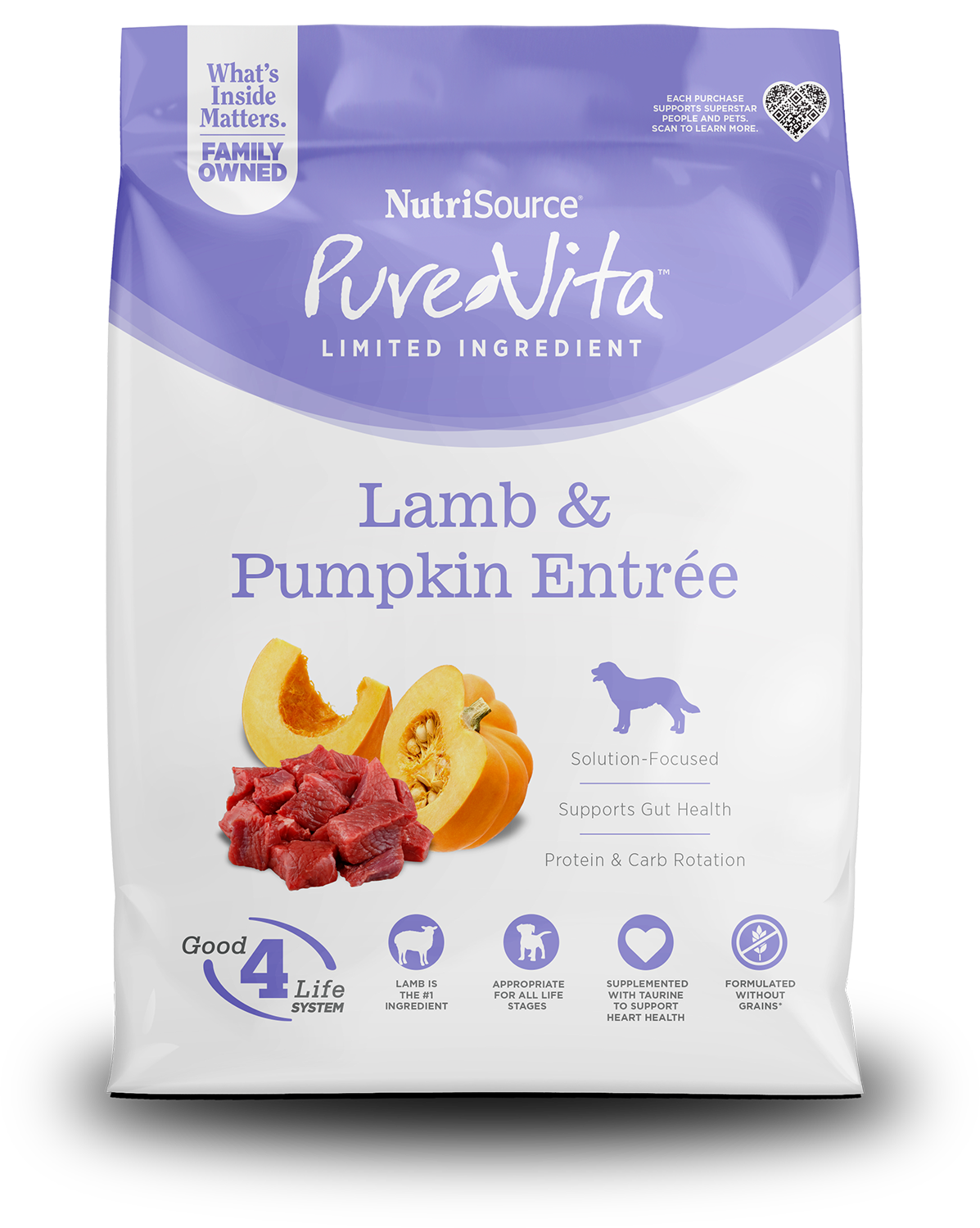 NutriSource PureVita dog food package with lamb and pumpkin entrée on a white background