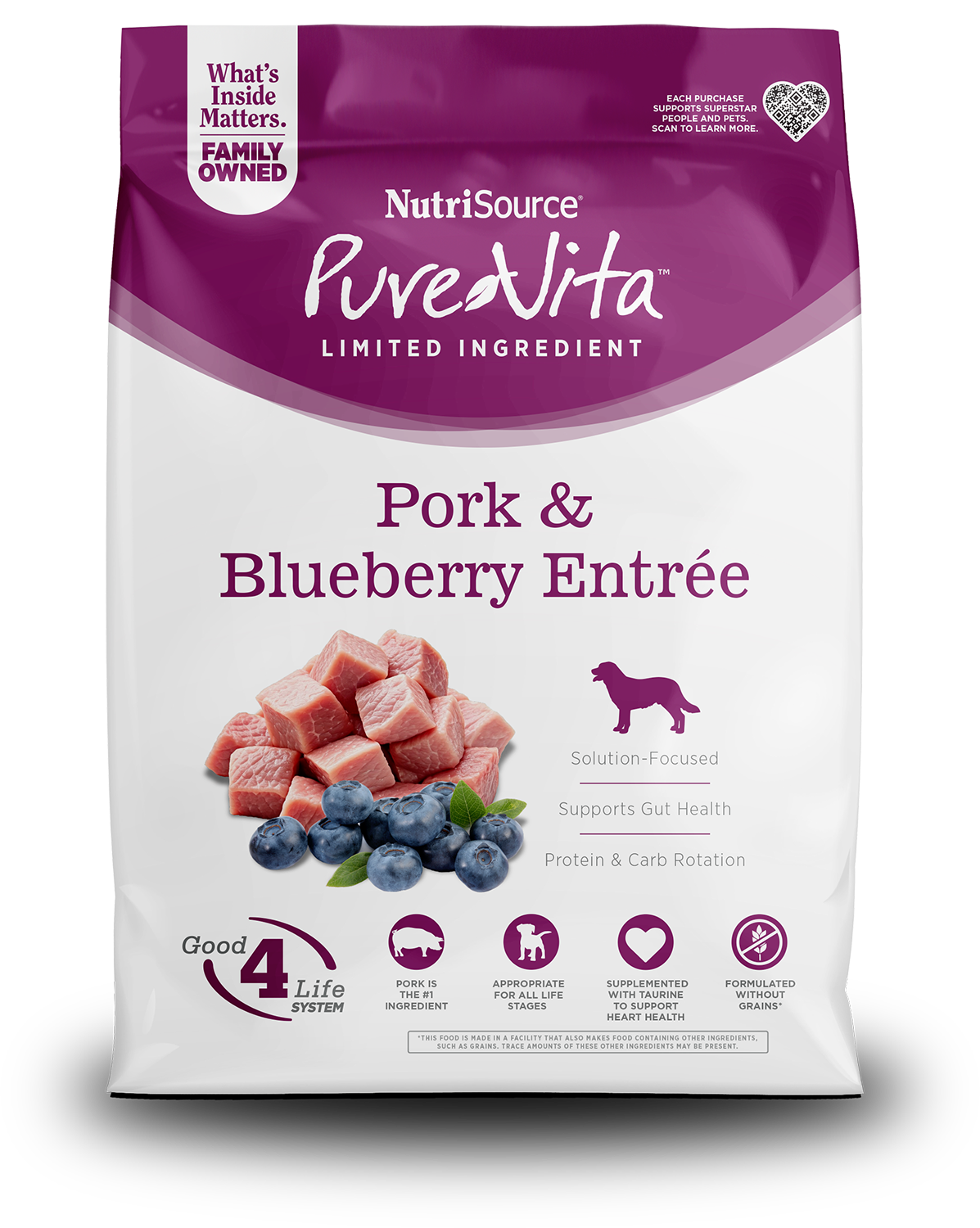 NutriSource PureVita Pork & Blueberry Entrée dog food package on a white background